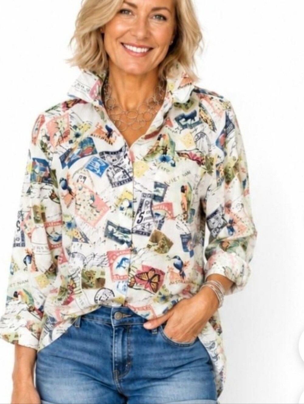 Chico's Multi-Color Postage Stamp Print Button-Up Shirt  Size 2 (LARGE)